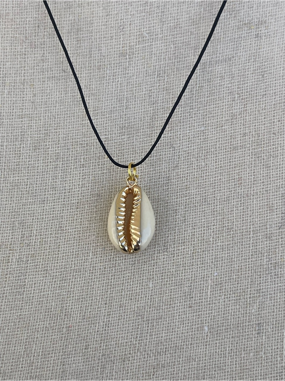 Cowrie Shell Pendant Necklace on Black Nylon Cord with Gold Tone Accents